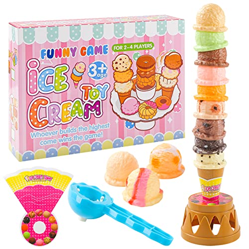 MCPINKY Ice Cream Game, Ice Cream Cone Playset Sweet Treats Ice Cream Parlour Toy Frozen Dessert Ice Cream Tower Balancing Game Pretend Play Food for Kids Birthday Gift