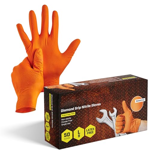 SUPERGUARD GB Orange Disposable Nitrile Gloves 8.5g Thick, Heavy Duty, Industrial Mechanic Use, Diamond Textured, Latex & Powder Free, Food Handling, Puncture & Chemical Resistant (Pack of 50)