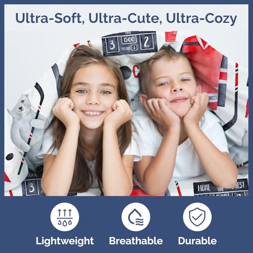 Image of Kids Queen Size Hockey Bear Bed Sheets - 4 Piece Bear Sheet Set - Ice Hockey Puck Print Bedding - Soft, Cute & Cozy - Breathable & Machine Washable - Sports Bed Set for Boys, Girls, Teens & Toddlers