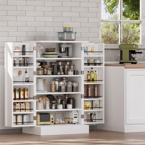 VINGLI Armario de despensa, armario de almacenamiento de cocina blanco con 2 puertas y estantes ajustables, armario independiente de almacenamiento
