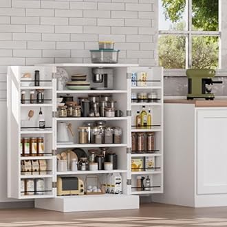 VINGLI 40 Inch Pantry Cabinet with Doors, White Freestanding Kitchen Storage Cabinet for Small Spaces, Food Storage Cupboard with Adjustable Shelves for Dining Room & Living Room, White