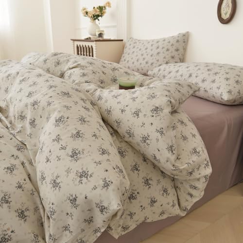 Image of VM VOUGEMARKET King Size Double Layer Gauze Duvet Cover Set, Off-White Duvet Cover with Gray Floral Prints Bedding Set for Cottagecore Decor