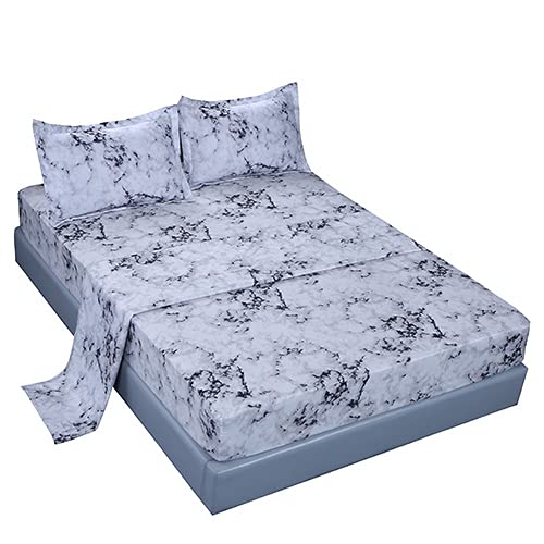 MAG Marble Bed Sheet, 4PC Black White and Gray, Queen Size Modern Pattern Printed Bedding Sheet Set with 1 Top Flat & 1 Fitted Sheet with 2 Pillowcases, 14” Deep