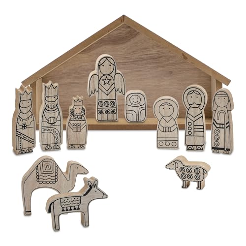 Spetebo Krippenstall und Figuren aus Holz Natur - 12 teilig -...