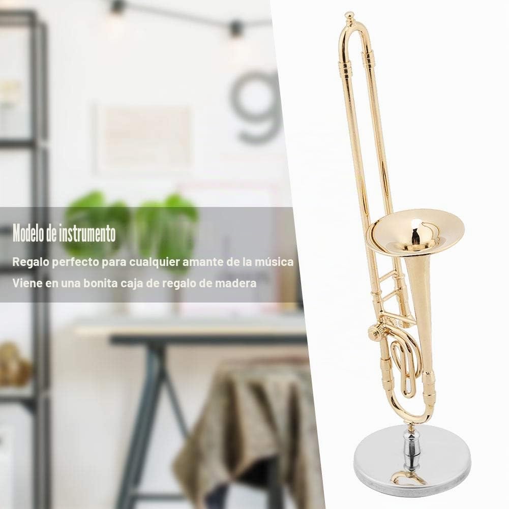 Modelo Trombón Miniatura Chapado Oro 15cm Réplica Instrumento Decoración | Adorno Musical con Soporte Estuche para Sala Estudio Regalo Músicos