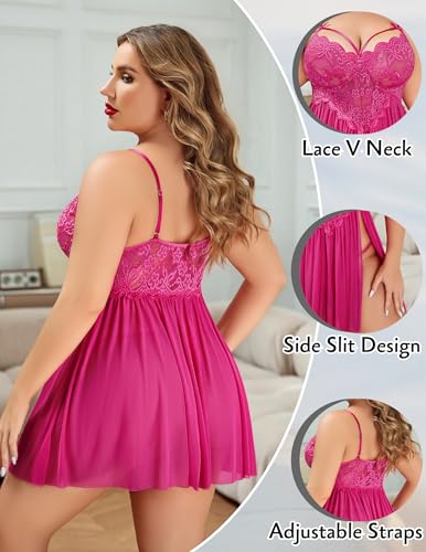 Image of Avidlove Plus Size Lingerie Lace Babydoll Womens Strap Chemise Nightgown V Neck Nighty Mesh Sleepwear Side Slit Nightdress