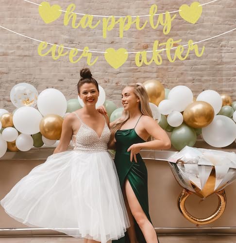 Image of Pre-Strung Happily Ever After Banner - Gold Glitter Bachelorette Bridal Engagement Party Decoration Supplies, Bachelorette Wedding Party Banner for Engagement, Bridal Shower, Wedding Party Photo Booth Props