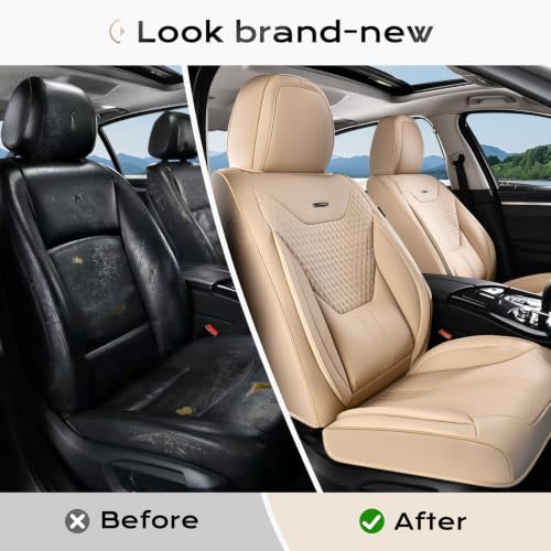 Image of Coverado Car Seat Covers Full Set, Front Seat Covers with Lumbar Support and Back Seat Cover Waterproof Leather Automotive Seat Cover, Universal Car Interior Protectors Cushion for Most Cars