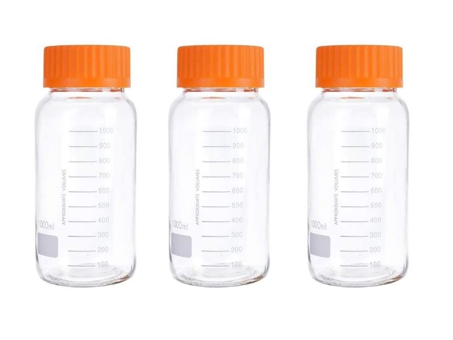 Lab Media Storage - Botellas de boca ancha graduadas GL80, tapa de rosca a prueba de fugas, multiusos para científicos, paquete de 3 (naranja, 1000 ml)