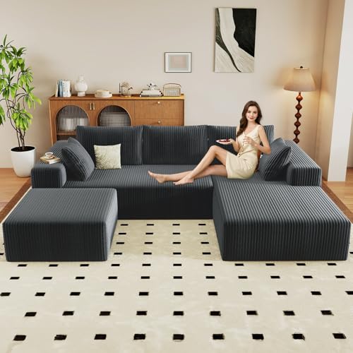 Image of 96 inch U-Shape Cloud Couch, Modern Modular Sectional L-Shape Sofa with Ottoman, Corduroy Upholstered Couches Deep Seat Chaise Longue for Living Room, No Assembly Required(Dark Gray, Right Facing)
