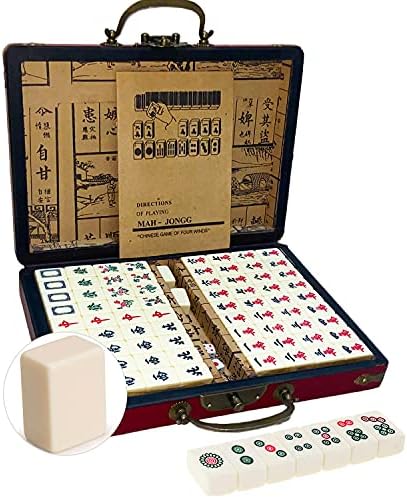Chinese Mahjong Mah Jongg Set with 144 Mini Tiles Dot Dice Leather Box Extra White Tiles for Travel Family Game