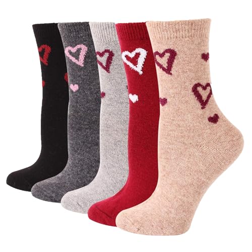 Image of Women's Merino Wool Dress Socks - Thin, Warm, Hiking Crew & Cute Heart /Cat 6 /5 Pairs