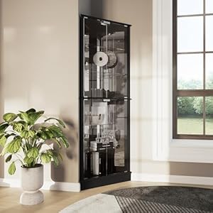 BELLEZE Lighted Corner Display Curio Cabinet Wooden Shelving Unit with Tempered Glass Door, Bar and Liquor Storage Area with 6 Shelves - Woody (Black) BELLEZE Lighted Corner Display Curio Cabinet Wooden Shelving Unit with Tempered Glass Door Bar and Liquor Storage Area with 6 Shelves Woody Black