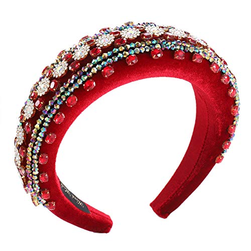 Bejewelled Rhinestone Headband Padded Elastic Thick Wide Crystal Handmade Headband Hair Hoop Statement Headband for Women (Red)