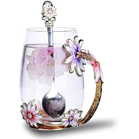 Luka Tech Enamel flower Lead-free Glass Coffee Mugs Tea Cup with Steel Spoon, Best Birthday Gifts For Women Wife Mom Friends Mothers Valentines Day Christmas
