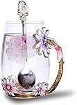 Luka Tech Handmade Enamel Butterfly Flower Glass Coffee Mugs Tea Cup with Spoon,Birthday Christmas Gifts for Her Women Mum Friends Teacher Valentines Mothers Day