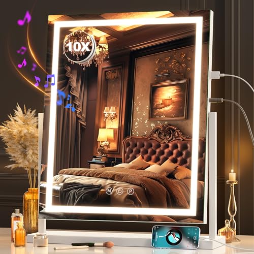 Hasipu Espejo de tocador con luces, espejo de maquillaje LED con altavoz Bluetooth y aumento de 10X, 3 modos regulables, control de pantalla táctil inteligente, espejo iluminado para escritorio, 15 x