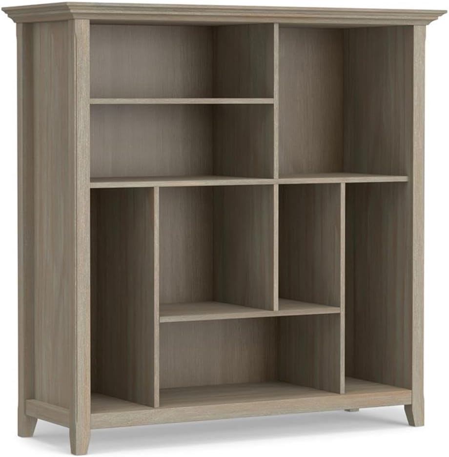 Pemberly Row Solid Wood Bookcase, 44 x 44 in, Distressed Gray Finish, Multi-Cube Storage with 8 Cubbies, Farmhouse Style with Tapered Legs, Living Room, Bedroom, Office Shelving Furniture
