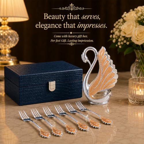Image of Decorative Swan Fork Holder with Fork Set | Elegant Silver & Gold Finish | Tabletop Dining Organizer | Home Decor & Dining Table Accessory