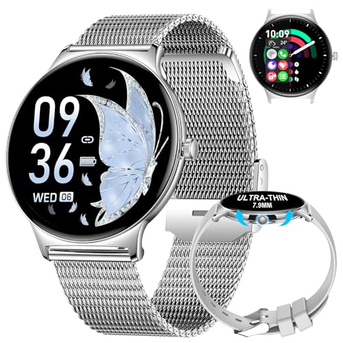 Women's Smart Watch for Android iOS with Bluetooth Phone Calls 7mm Thin Round Dial Female Smartwatch 1.43" AMOLED Always-On Display Heart Rate Sleep Monitor Silver Mesh Ladies Smartwatch 100+ Sport
