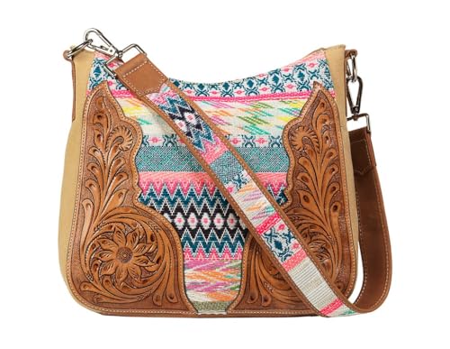 Nocona Women's Felicity Conceal Carry Shoulder Bag with Hand Tooled Leather Panels and Woven Fabric, Multi-colored