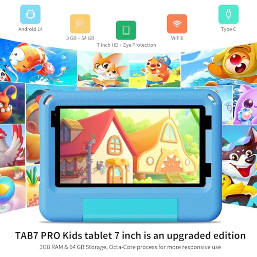 Image of PRITOM TAB7 PRO Kids Tablets 7 inch, 64 GB, 3 GB RAM Upgraded, Toddler Tablet Android 14 with WiFi, Dual Camera, Education, Games, Kids Software Pre-Installed, Parental Control, Blue