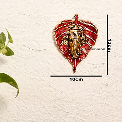 Image of ascension Ganpati Metal Green Lord Leaf Ganesh Idol Patta Statue Decorative Wall Hanging Showpiece Figurine (Red) (Small)