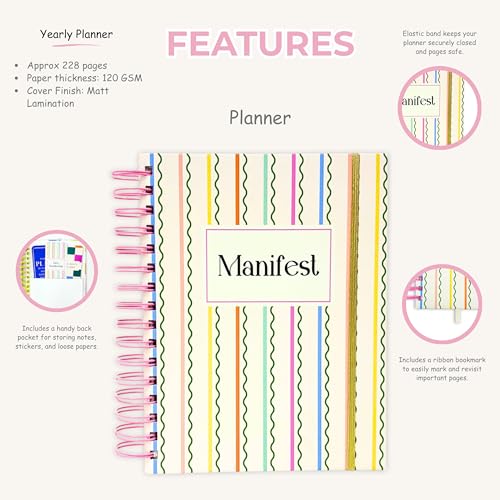Image of Manifest Edition Planner with Bookmark | Planner Set Includes A5 Journal (22x17 cm) 228 Pages | 120 GSM | 250+ Stickers | Bookmark with Cover Box (The Manifest Edition, Aesthetic Series)