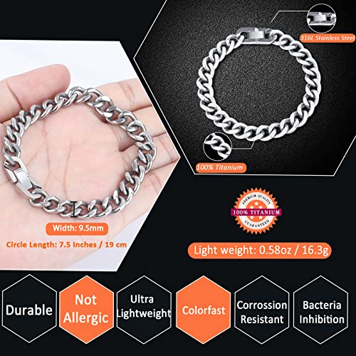 SanThree 9.5mm Solid Titanium Cuban Link Chain Bracelet for Men, Lightweight Skin-Friendly Hip Hop Bracelets for Birthday Graduation Friendship, 7"/7.5"/8",8.6"-9", Come with Gift Box2