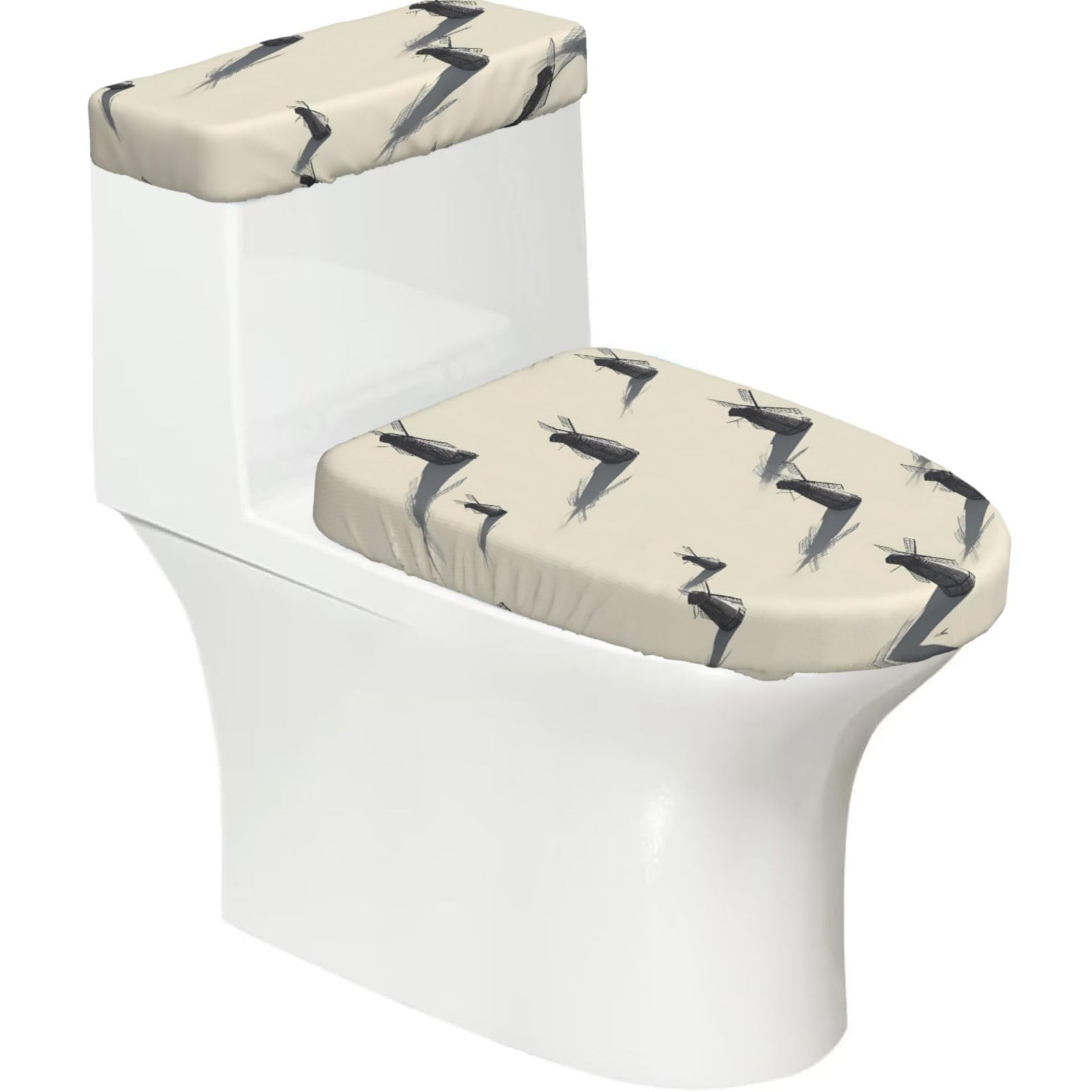 Colorless Windmill House 2-Piece Toilet Seat Cover Set with Tank Lid - Elastic for U-Shape & Elongated - Bathroom Decor