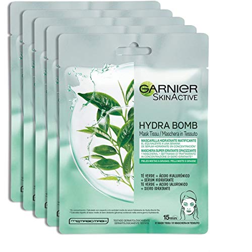 Garnier Maschera in Tessuto Skin Active Hydra Bomb, Formula Idratante e Opacizzante per Pelli Miste o Grasse, Tè Verde, Confezione da 5 Pezzi