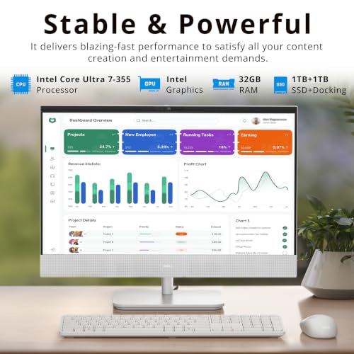 Image of Dell 23.8 inch FHD Touchscreen All-in-One Desktop, Intel Core Ultra 7-355, 32GB DDR5, 2TB Storage (1TB SSD+1TB Docking Station), Intel Graphics, Copilot+ PC, Wireless Keyboard & Mouse, Win 11 Pro, White