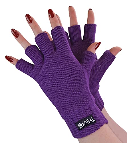 THMO Ladies Thermal Fingerless Gloves Winter Fleece Lined Soft Thinsulate Gloves for Women (One Size, Purple)