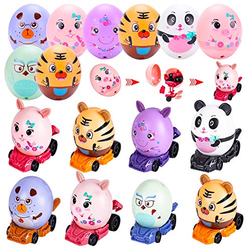 Toy Cars 8 Pcs Easter Basket Stuffers Prefilled Easter Eggs Plastic Toys with Animal Cars Building Blocks, Stuffed Easter Eggs Hunt, Surprise Eggs Filled Party Favors Bulk Fillers , Perfect Gifts for Kids Toddlers Boys Girls