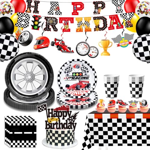 Décoration Anniversaire Voiture de Course, Articles de Fête pour Motocross & Ballon Thème de Voiture de Course Bannière Assiette Serviettes Nappe etc Voiture de...