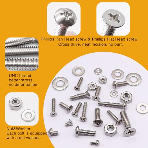 Image of weideer 1605PCS Machine Screws Assortment Kit, 304 Stainless Steel Nuts and Bolts,Phillips Pan Head and Flat Head Screws with Nuts, Bolts,Washers,Organizer Box #4-40#6-32#8-32#10-24#1 /4-20