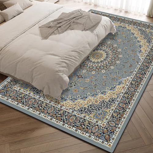 Tapis bleu gris 80x160 cm à poil court vintage pour salon et bureau - 8