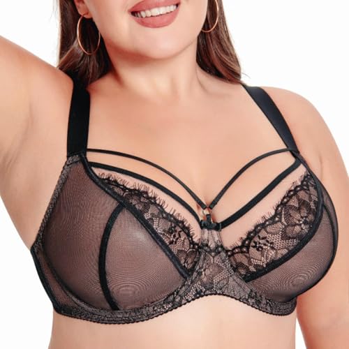Plus Size Bra with Underwire String Woman's Half Cup Lace Bra Unlined Non Padded Bras (Black, 34, 38O)