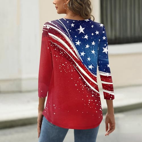 Image of 4th of July Shirts Women 3 /4 Length Sleeve Womens Tops Henley Neck Casual Patriotic T Shirts