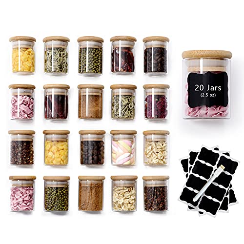 ZPGXLRZ 20 Pcs Glass Spice Jars with Airtight Bamboo Lids Labels and Pen 2.5oz Mini Clear Food Storage Containers for the Pantry Kitchen Canisters for Tea Herbs Sugar Salt Coffee and More