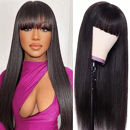 Human Hair Wigs with Bangs None Lace Front Wigs Human Hair 150% Density Straight Glueless Wig Human Hair Machine Made Brazilian Human Hair Wigs for Black Women (16Inch, Straight)