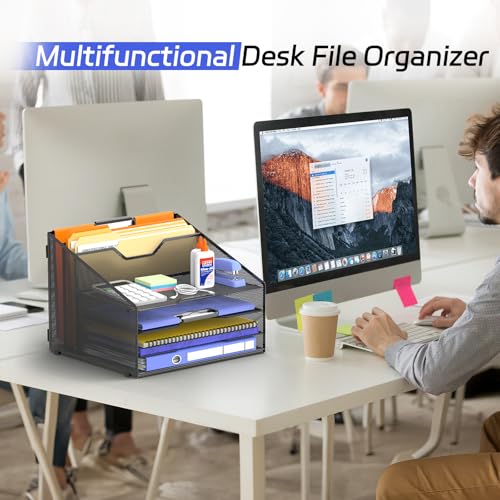 4-Tier Desk Organizer with File Holder, Desktop Letter Tray Holder with 3 Paper Trays and 2 Vertical Section for Folder, Black image 6