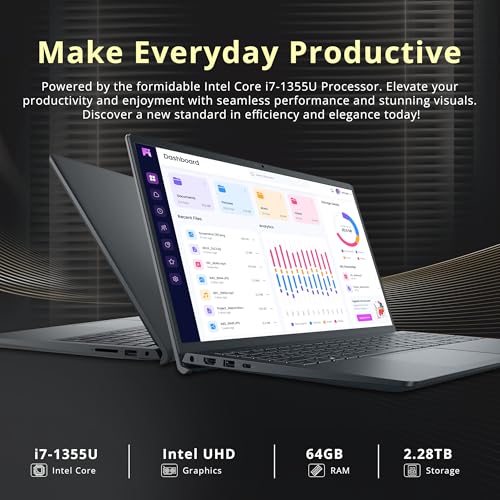 Image of Dell Inspiron 15.6 inch FHD Touchscreen Laptop, Intel Core i7-1355U, 64GB RAM, 2.28TB Storage (2TB SSD + 288GB Docking Station Set), Wi-Fi 6, Backlit Keyboard, Fingerprint Reader, Windows 11, Black