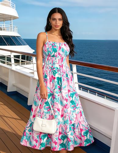 Image of GRACE KARIN Summer Dresses for Women 2026 Vacation,Smocked Floral Maxi Dress,Boho Beach Sundress with Pocket Fashion Clothing
