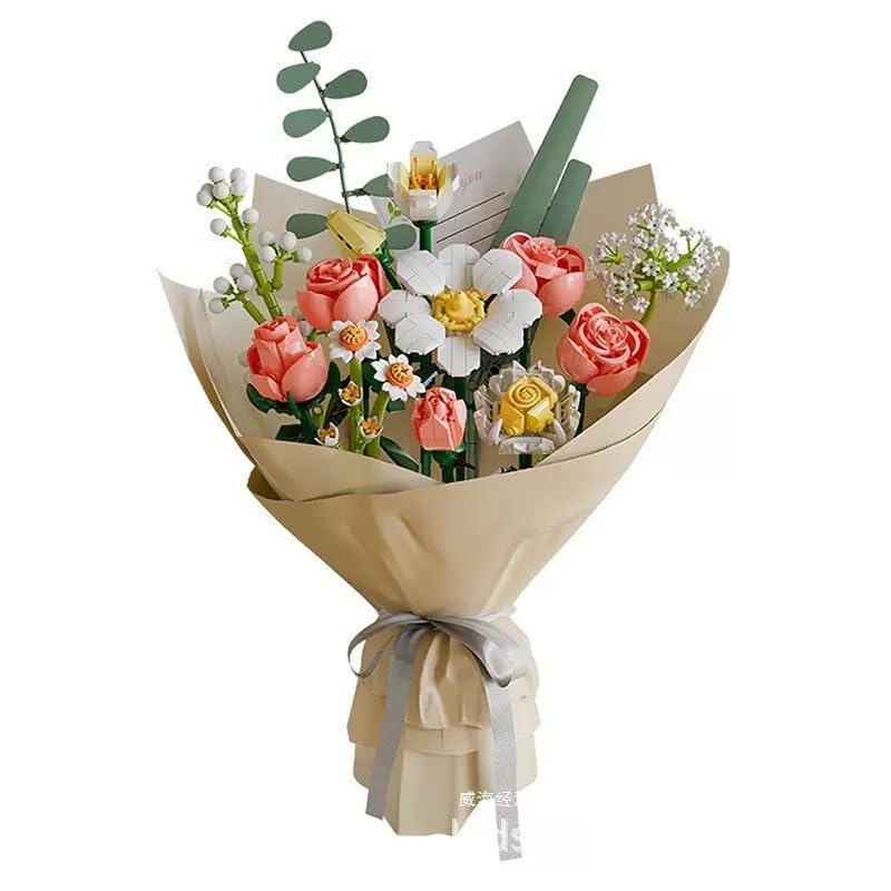 Flowers Bouquet Building Sets with Packaging Paper and Ribbon Roses Botanical Collection Building Block Toy for Adults and Kids Home Office Decor Gift for Mothers Day - 864 PCS