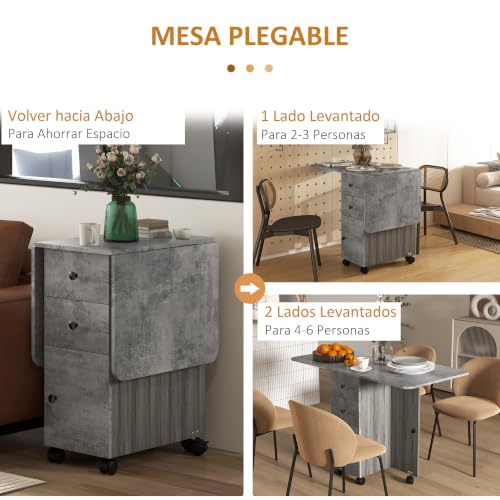 Miniatura 5 de Homcom Mesa Plegable De Comedor, Mesa De Cocina Plegable, Con Ruedas, Alas Abatibles, 2 Cajones, Estante Y Armario, Hasta 6 Personas, Para Salón, Espacio Pequeño, 120x60x76,5 Cm, Gris