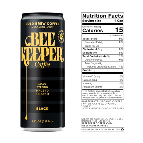 Image of Beekeeper Black Cold Brew Coffee Drinks with Oregon Honey | 12 Pack Refreshing Iced Coffee - Unsweetened & Strong Arabica Brew, 8 fl oz Ready-to-Drink Can - 180mg Natural Caffeine