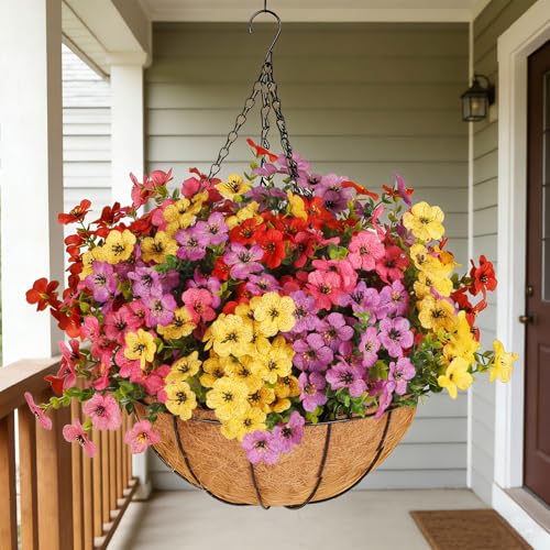 Wanderroot Artificial Outdoors Flowers with Hanging Basket, UV Resistant Fake Hanging Flowers, Faux Silk Plants with Planters for Porch Home Patio Balcony Yard (Rose Red, Purple, Yellow, Red)