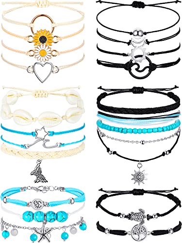 Image of Hicarer 21 PC Surfer Wave Friendship Bracelet Set Waterproof Adjustable Boho Beach String Anklets Bulk, Summer Gift for Women