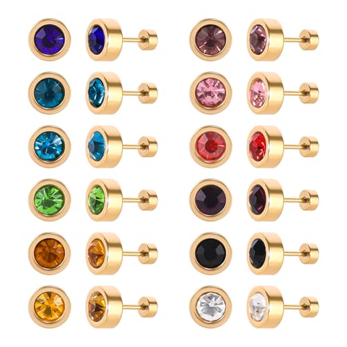12 Pairs Surgical Stainless Steel Flat Back Birthstone Cubic Zirconia Stud Earrings, Gold Plated Screw Back Round Star Heart Flower Hexagon Triangle CZ Stud Earrings Set